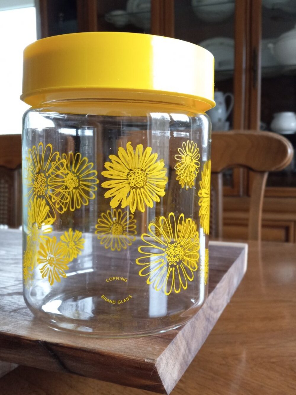 Vintage Corning Glass Yellow Floral Daisy Jar with Lid